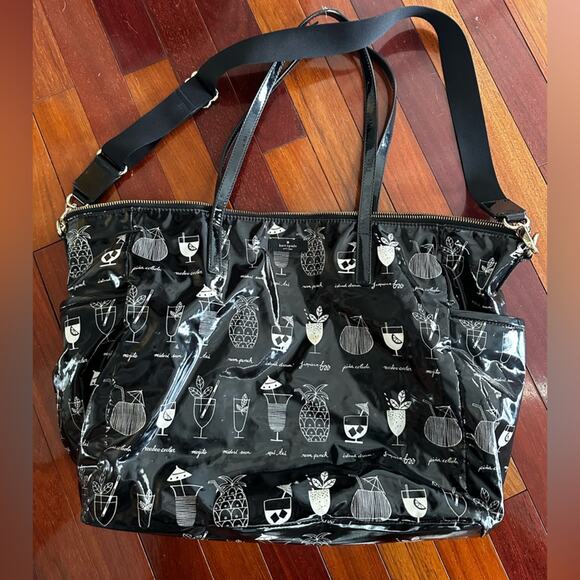 Kate Spade Mai Tai Drinks Tote Bag Weekender Black Vinyl Vacation Island Baby - Picture 1 of 12